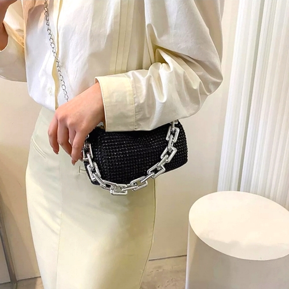 #R New Woman's Chain Rhinestone Mini Barrel Crossbody Purse Black Y2K Style - Picture 5 of 12